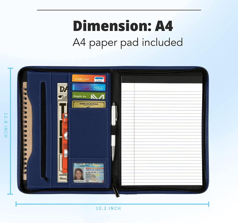 Gorbado Zippered Portfolio Organizer/ A4 Refillable Lined Writing Notepad Folder Case/Fabric-Covered Padfolio Binder with Interior Storage Pocket for Men Women, Navy Blue - Image 4